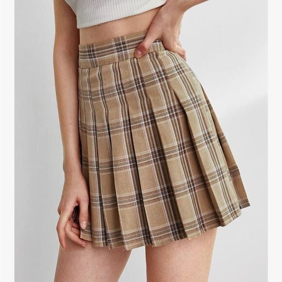 Plaid High Waist Pleated A-Line Uniform Mini Skirt Khaki Tan - Picture 3 of 6